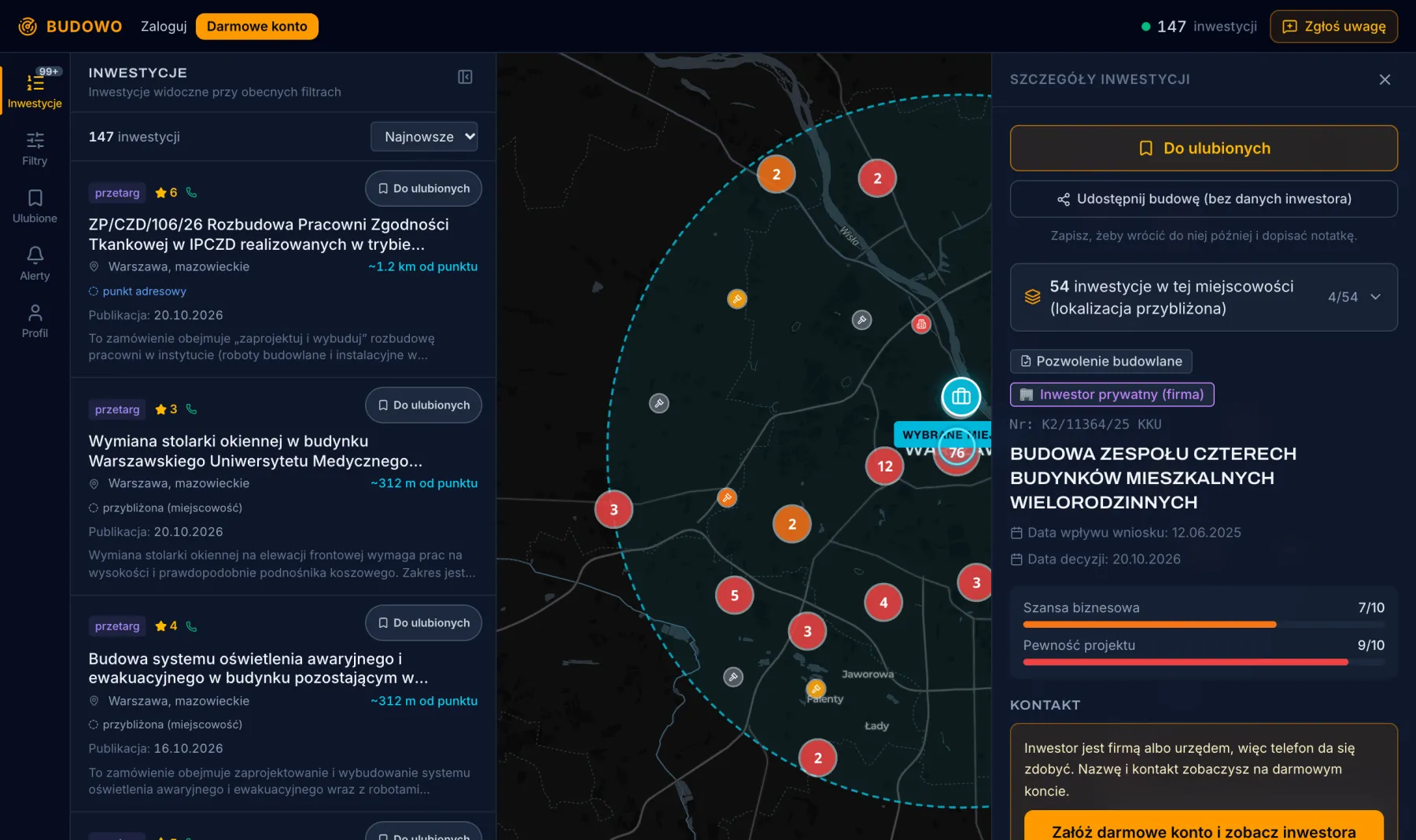 Aplikacja Budowo.pl: mapa z budowami w okolicy, lista inwestycji i otwarta karta budowy z oceną, potrzebnym sprzętem i informacją, czy da się zadzwonić do inwestora